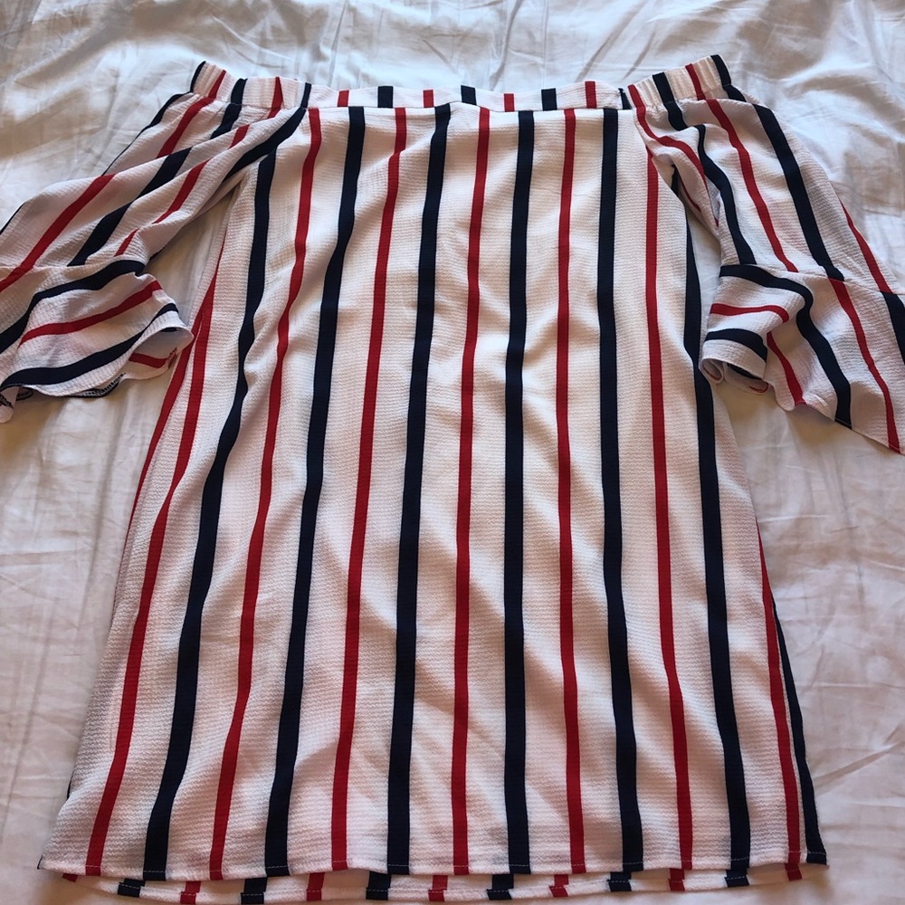 Strapless red and blue stripped dress